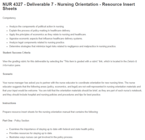 NUR 4327 - Deliverable 7 - Nursing Orientation - Resource Insert Sheets