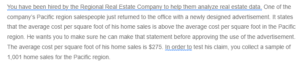 Hypothesis Testing for Regional Real Estate Company