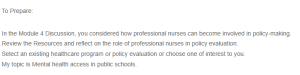 The Role of an RN/APRN in Policy Evaluation (Mental Health Access in the Public School System)