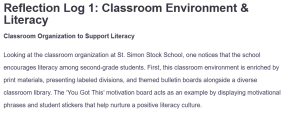 Reflection Log 1: Classroom Environment & Literacy