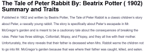 The Tale of Peter Rabbit By: Beatrix Potter ( 1902) Summary and Traits