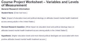 Course Project Worksheet – Variables and Levels of Measurement