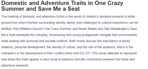 Domestic and Adventure Traits in One Crazy Summer and Save Me a Seat