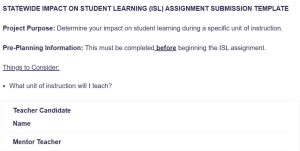 STATEWIDE IMPACT ON STUDENT LEARNING (ISL) ASSIGNMENT SUBMISSION TEMPLATE