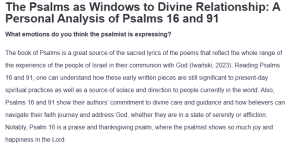 The Psalms as Windows to Divine Relationship: A Personal Analysis of Psalms 16 and 91