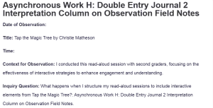 Asynchronous Work H: Double Entry Journal 2 Interpretation Column on Observation Field Notes