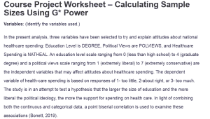 Course Project Worksheet – Calculating Sample Sizes Using G* Power