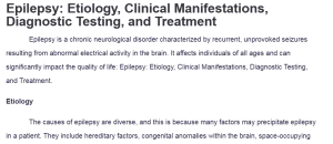 Epilepsy: Etiology, Clinical Manifestations, Diagnostic Testing, and Treatment