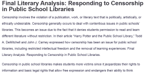 Final Literary Analysis: Responding to Censorship in Public School Libraries