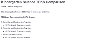 Kindergarten Science TEKS Comparison
