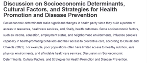 Discussion on Socioeconomic Determinants, Cultural Factors, and Strategies for Health Promotion and Disease Prevention