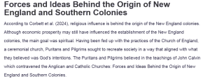 Forces and Ideas Behind the Origin of New England and Southern Colonies