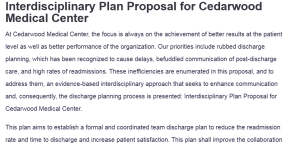 Interdisciplinary Plan Proposal for Cedarwood Medical Center