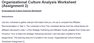 Organizational Culture Analysis Worksheet (Assignment 2)