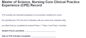 Master of Science, Nursing Core Clinical Practice Experience (CPE) Record