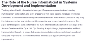 The Role of the Nurse Informaticist in Systems Development and Implementation