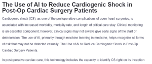 The Use of AI to Reduce Cardiogenic Shock in Post-Op Cardiac Surgery Patients