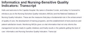 Informatics and Nursing-Sensitive Quality Indicators: Transcript
