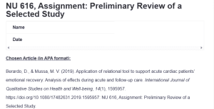 NU 616, Assignment: Preliminary Review of a Selected Study