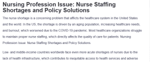 Nursing Profession Issue: Nurse Staffing Shortages and Policy Solutions